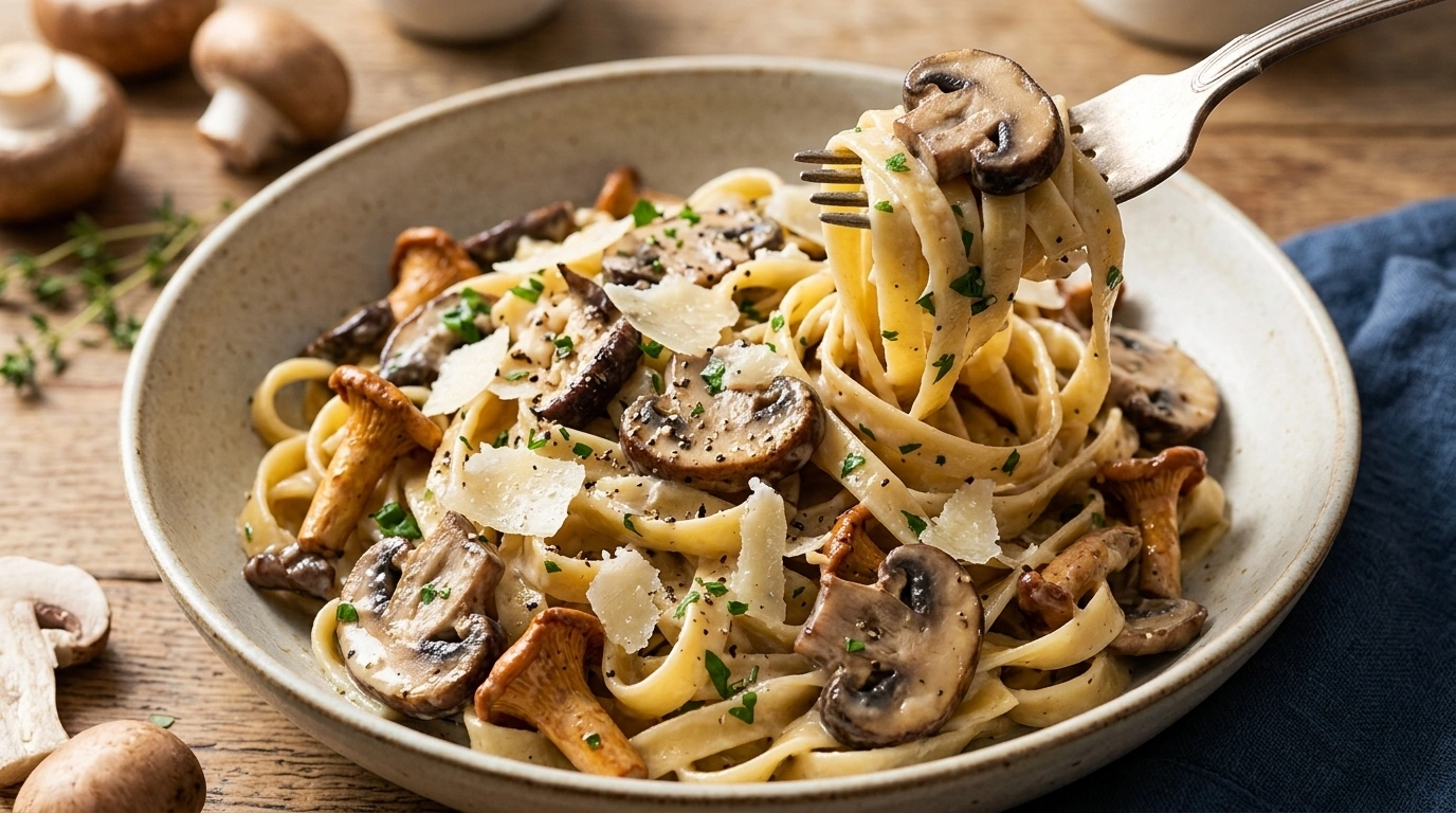 Pasta med krämig svampsås och persilja